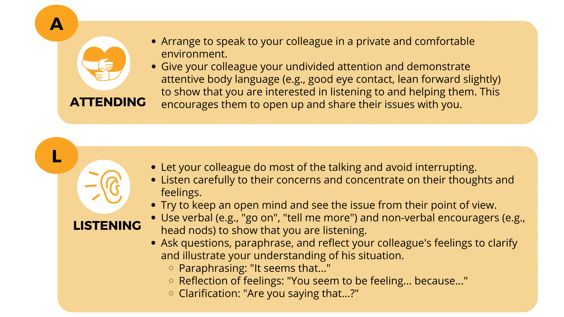 Graphic showing "ALERT (Attending, Listening, Effective Questioning, Referral, and Timely Intervention)" framework for supporting colleagues in distress.